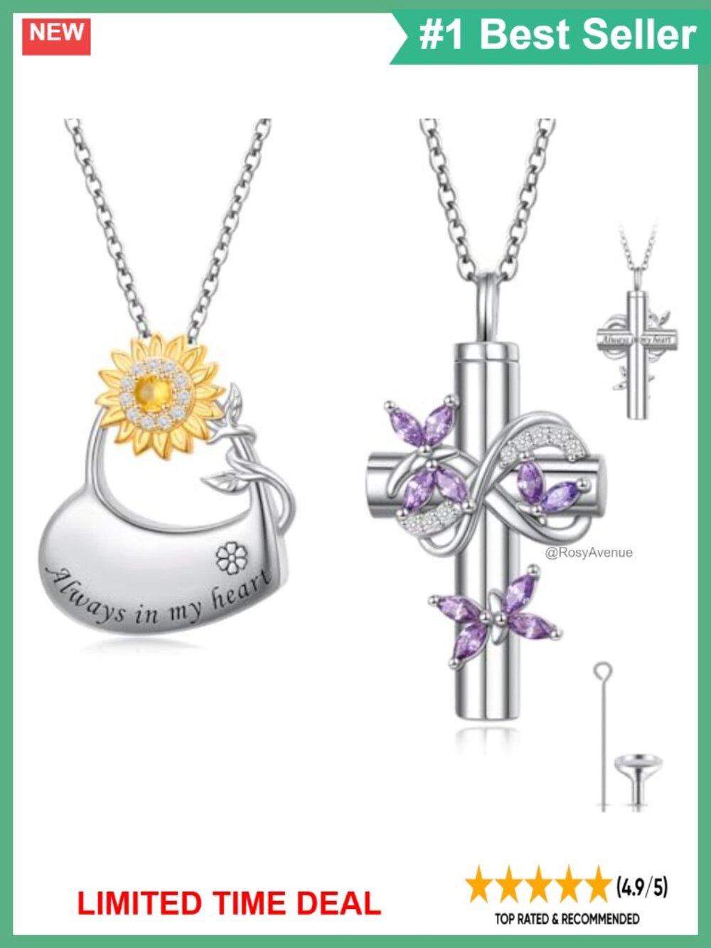 925 Sterling Silver Sunflower Heart Urn Necklace for Ashes Memorial